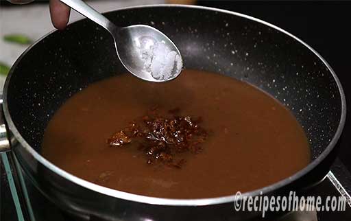 simmer tamarind mixture,water,jaggery,salt