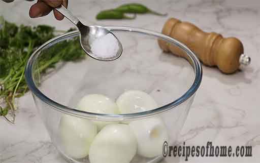 prick eggs with fork and place on glass bowl by sprinkling a teaspoon of salt