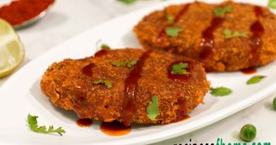 crispy veg cutlet recipe serve on white plate garnish with tomato ketchup and chopped coriander leaves