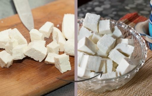 paneer cube soaked in warm water