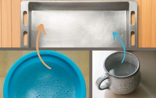 pour dishwasher liquid and warm water in baking tray