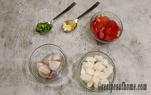 chop tomatoes , onions , radish , ginger-garlic and green chili