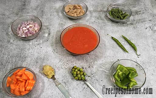 chopped onion, tomato puree, chopped carrots, ginger , green chili , capsicum boiled soya beans