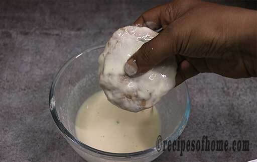 dip chicken paties in flour slurry