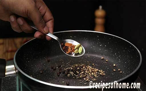 in a frying pan add coriender seed , peppercorn , green cardamon , cinnamon , mustard seed