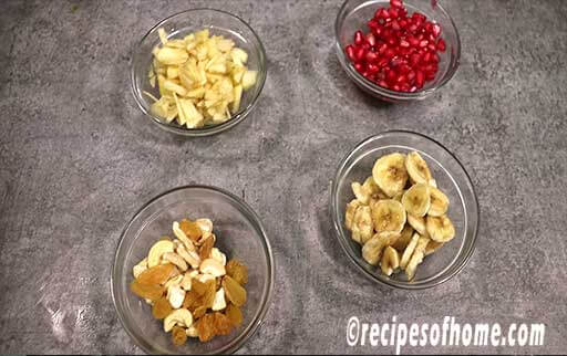 prepare pomgranate , apple , banana , cashew, raisins