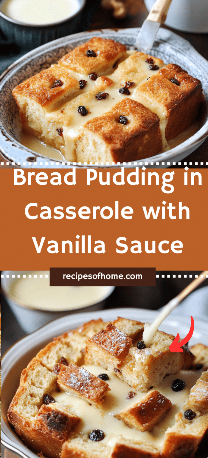 Bread Pudding In Casserole With Vanilla Sauce