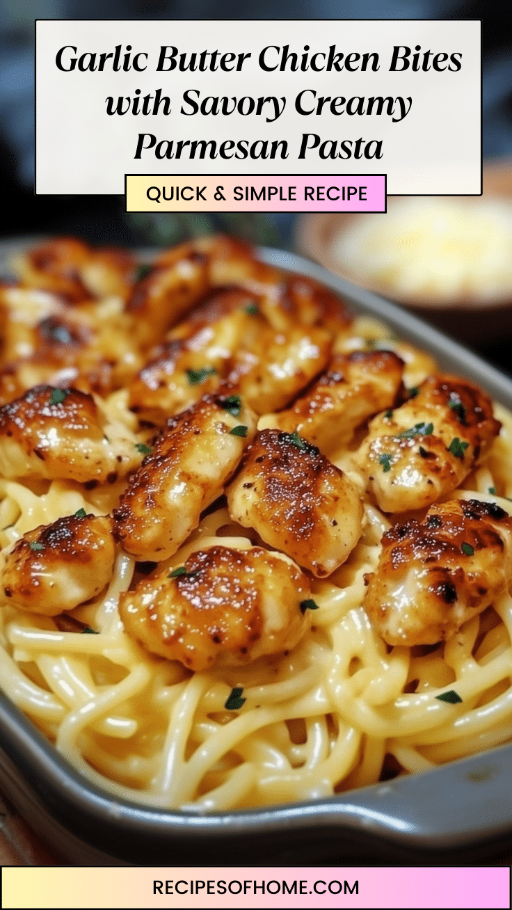 Garlic Butter Chicken Bites with Savory Creamy Parmesan Pasta pinterest 1 Garlic Butter Chicken Bites with Savory Creamy Parmesan Pasta pinterest 1